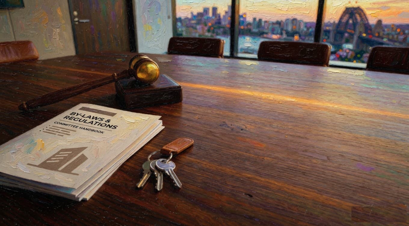 Committee papers and building keys on a meeting table overlooking Sydney