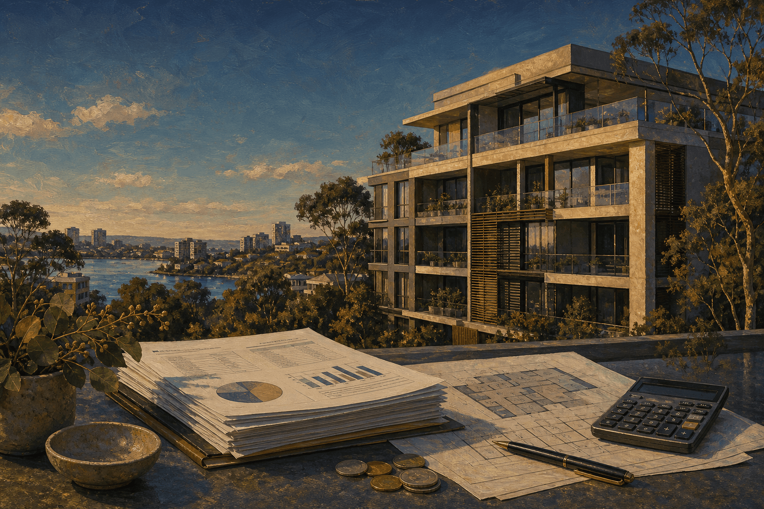 Australian apartment building with financial statements and a calculator
