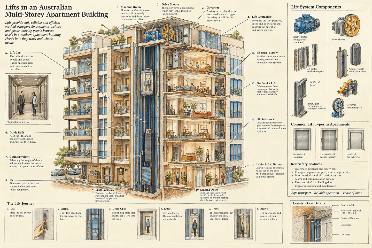 Cutaway illustration of the lifts in an Australian apartment building.