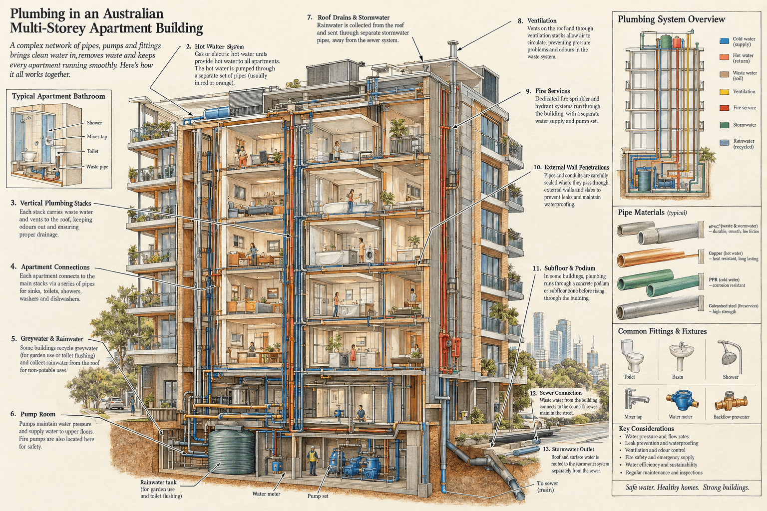 Cutaway illustration of the plumbing in an Australian apartment building.