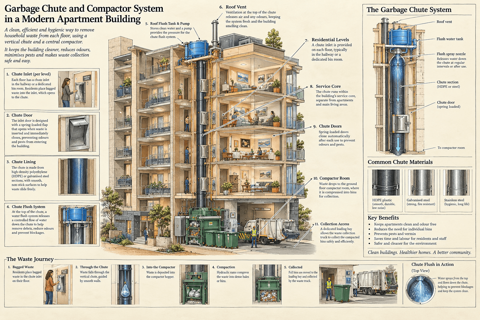 Cutaway illustration of a garbage chute and compactor in an Australian apartment building.